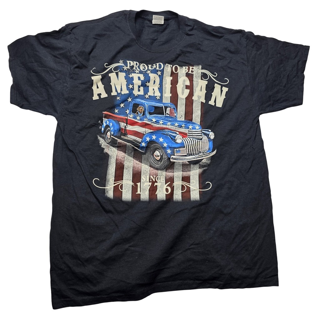 Proud To Be American Shirt Mens XL USA Flag Truck Dog Patriotic Graphic Tee